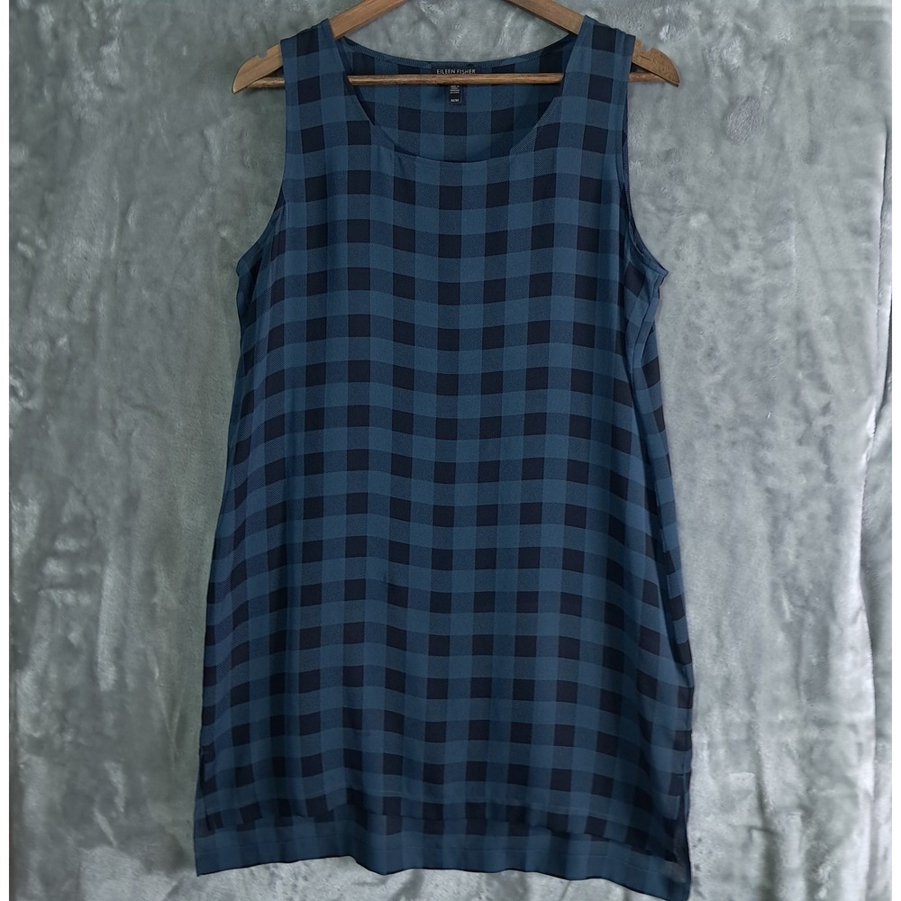 Eileen Fisher Buffalo Check Printed Silk Plaid Scoop Neck Tunic Blue Black M
